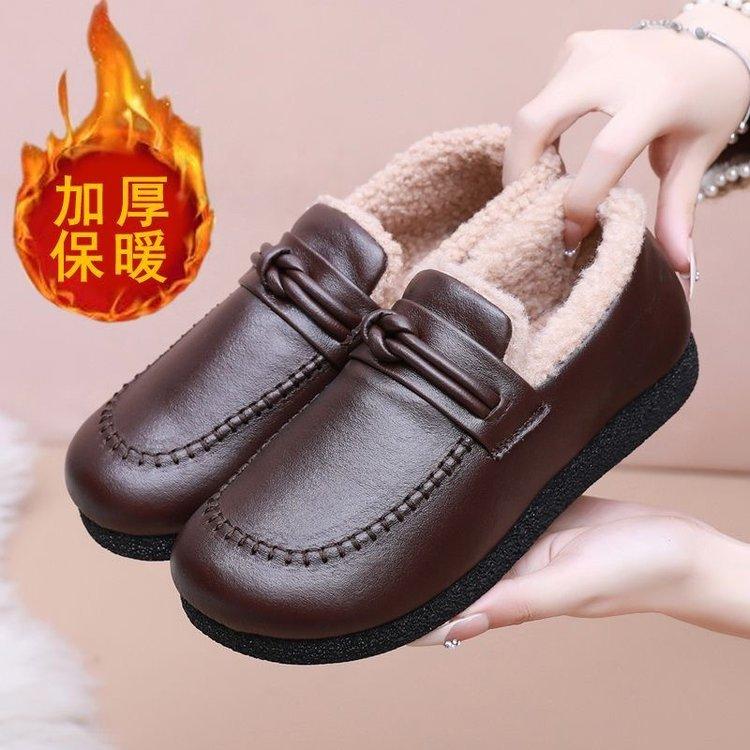 New Work Cotton Shoes Women's Cotton Shoes Winter Velvet Work Shoes Antifreeze, Non-slip and Waterproof One-pedal Leather Warm Shoes
