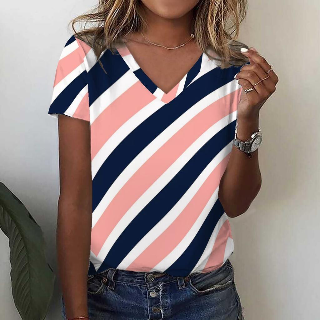 Striped 3D Printed T-shirt for Summer Women's V-neck Holiday Casual Top