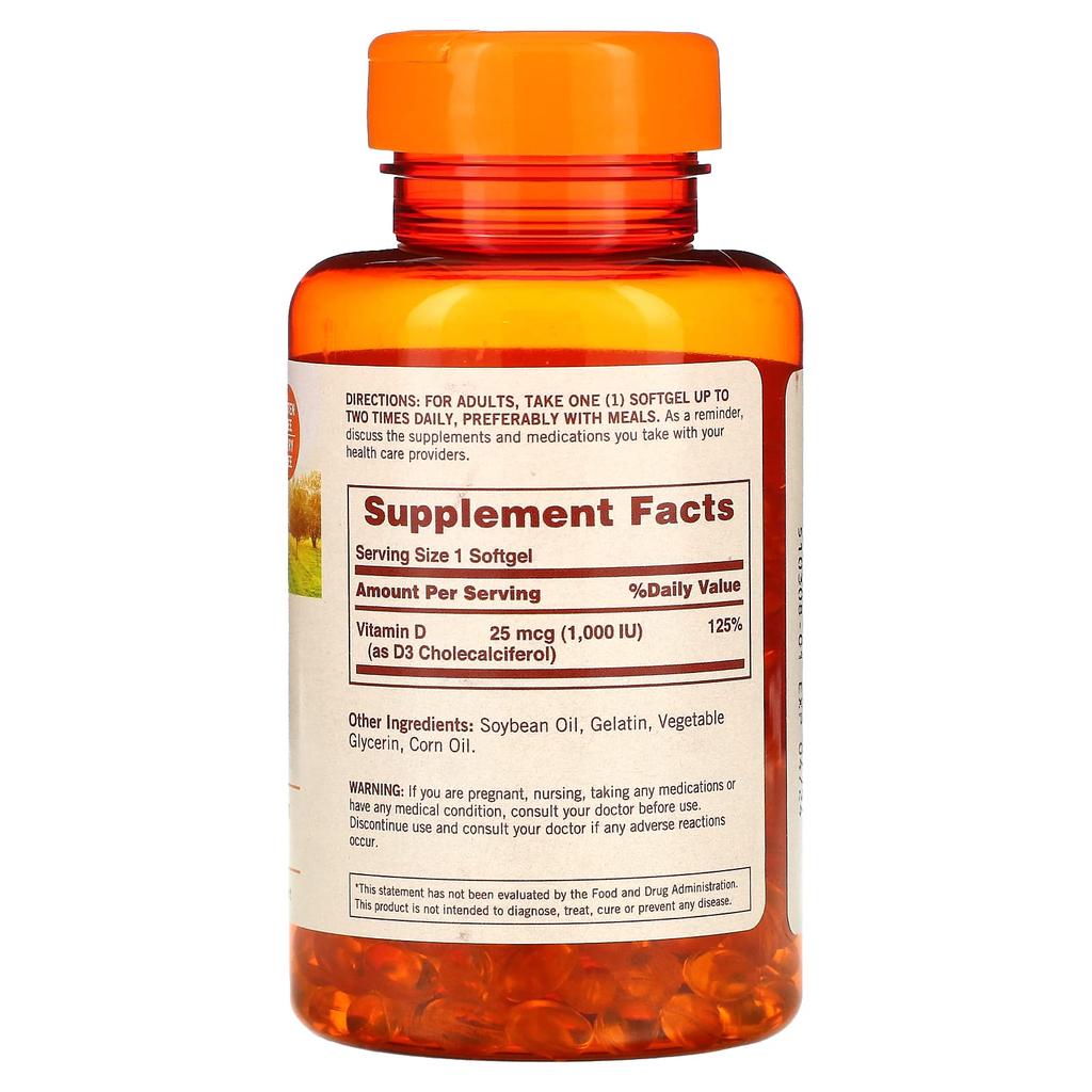 Sundown Naturals, Витамин D3, 25 мкг (1000 МЕ), 400 мягких капсул