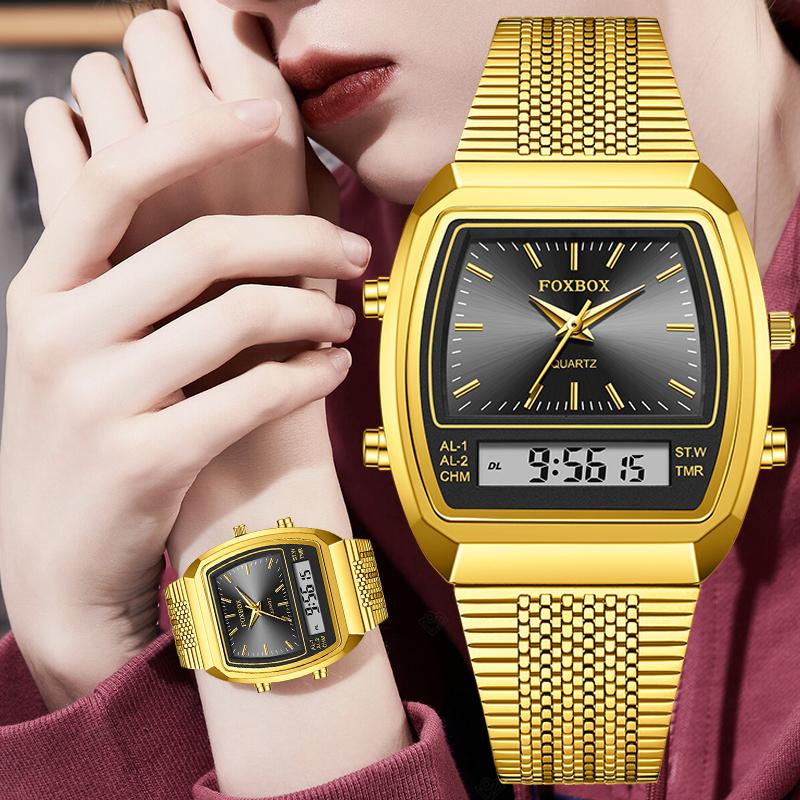 FOXBOX Top brand luxury Women's Watch Stainless Steel quartz wristwatch Digital Watch Waterproof Fashion Clock Ladies Watch+BOX