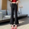 Black Lace Trim Elastic High Waist Flared Cropped Casual Pants For Women