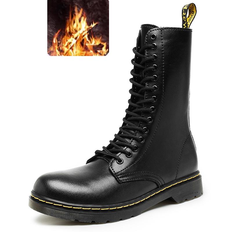 Fashion High Top Side Zipper High Ankle Boots Men Casual Footwear 14 Holes Punk Leather Fur Warm Stylish Men Motorcycle Boot Big Size 48