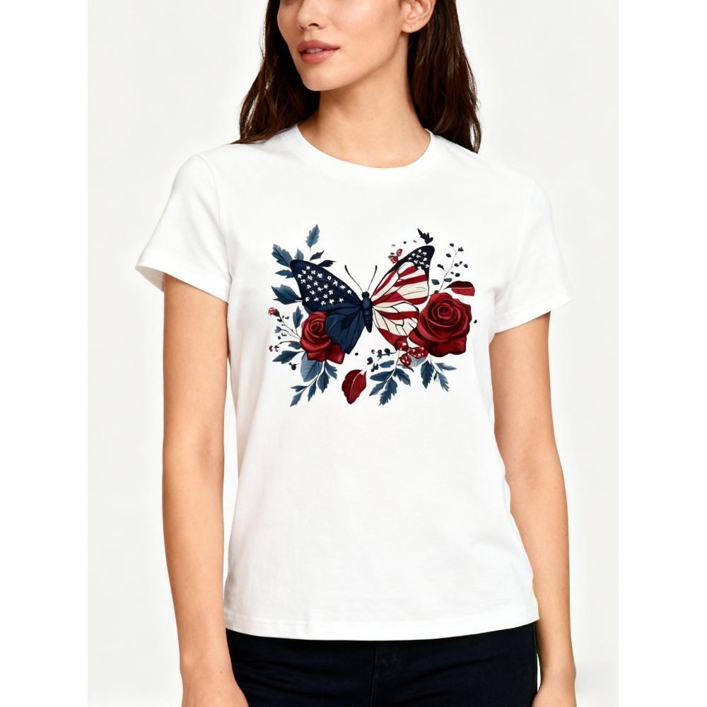 Patriotic T-Shirt American Flag Butterfly Graphic 4th of July Gift Casual Outfit