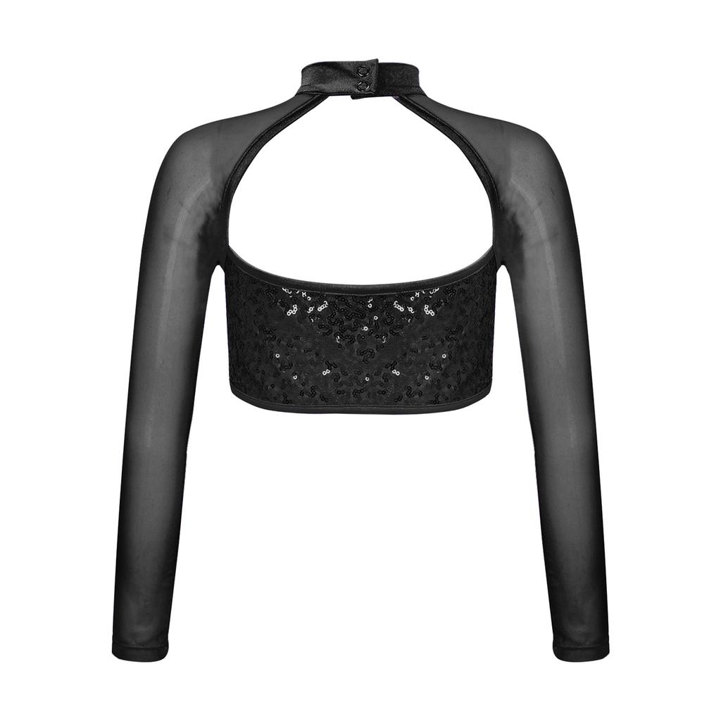 Укороченный топ для танцев для девочек с длинным рукавом, круглым воротом, вырезом на спине, украшенный блестящими пайетками