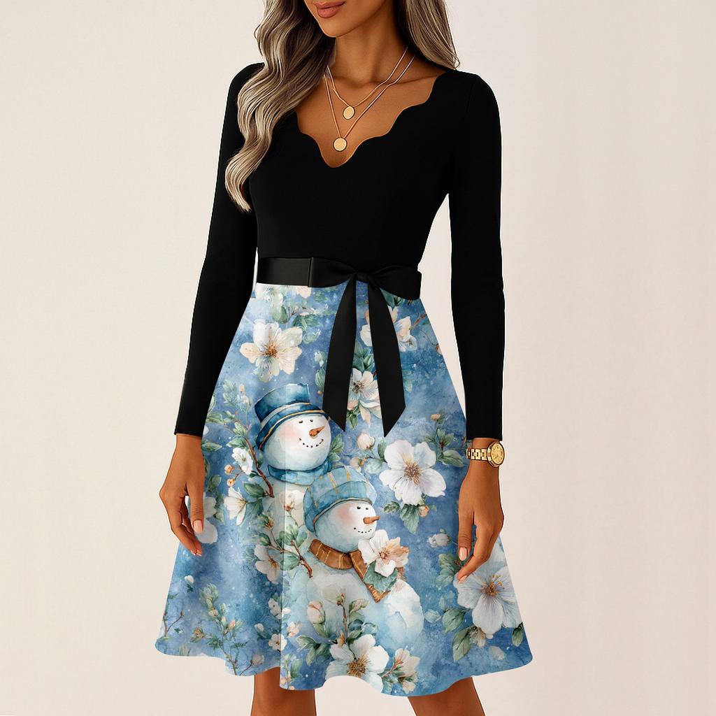 Women's Casual Fashion V-neck Long Sleeved Retro Christmas Print Retro Dress