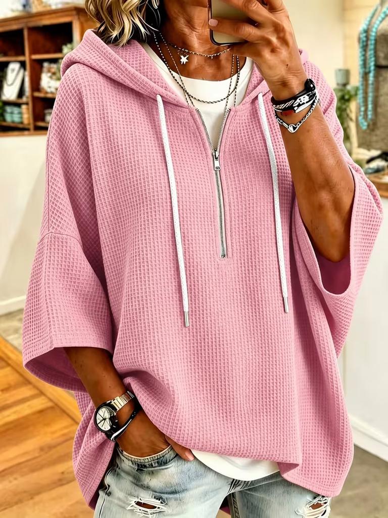 Women's Zip Up Hoodie Waffle Knit Drawstring Oversized Batwing Sleeve Jacket