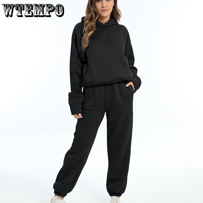 Осень-зима, толстовки, женский комплект из двух предметов, повседневный брючный костюм, свободные брюки с длинными рукавами и верхними карманами, однотонный спортивный костюм