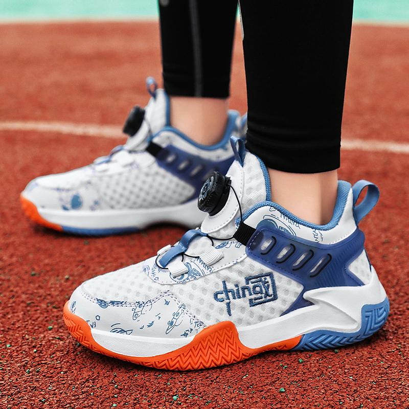 Новые детские баскетбольные кроссовки с вращающимися кнопками для мальчиков, молодежные нескользящие амортизированные спортивные туфли, повседневная обувь для мальчиков