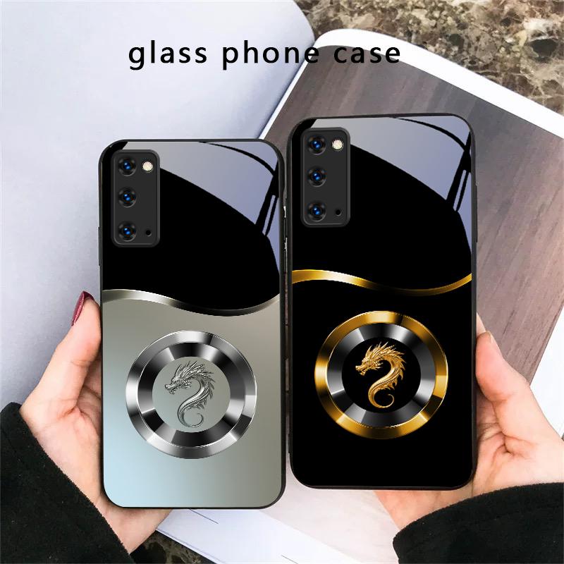 Серебряное кольцо с головой дракона для Samsung Galaxy S20 S21 S22 S23 Plus S24 FE S25 Ultra S26 Edge S25+ S20+ S22+ Черный стеклянный чехол для телефона