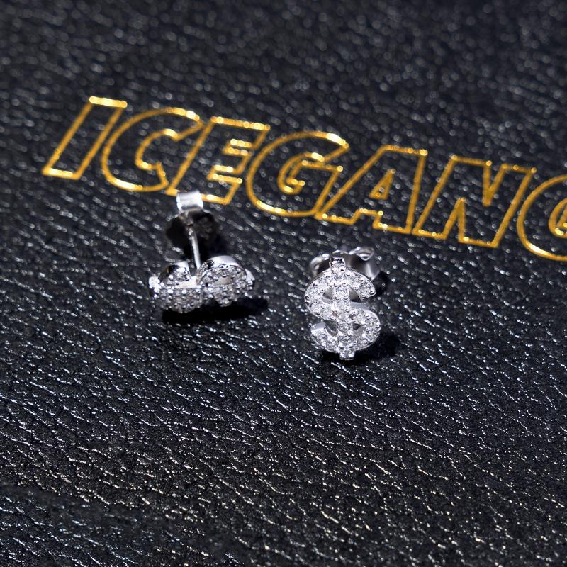 European and American Full Diamond Dollar Stud Earrings Men's High Sense Personality Hip Hop Earrings Women's Trendy Versatile Zircon Earrings
