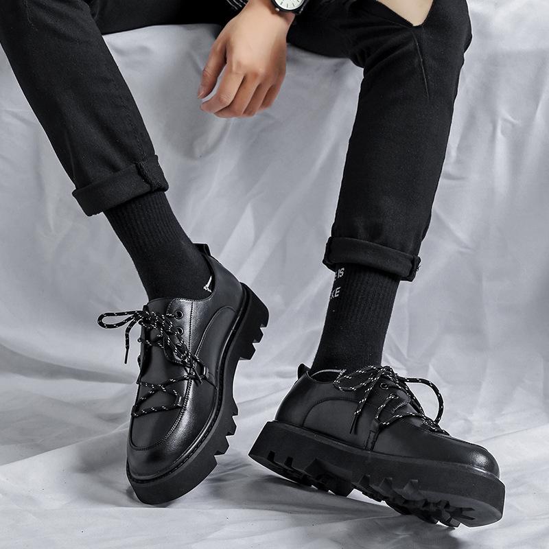 2024 Men's Japan Karajuku Korean Style Fashion Streetwear Thick Platform Casual Black Leather Shoes Lace Up Dress Leather Shoes
