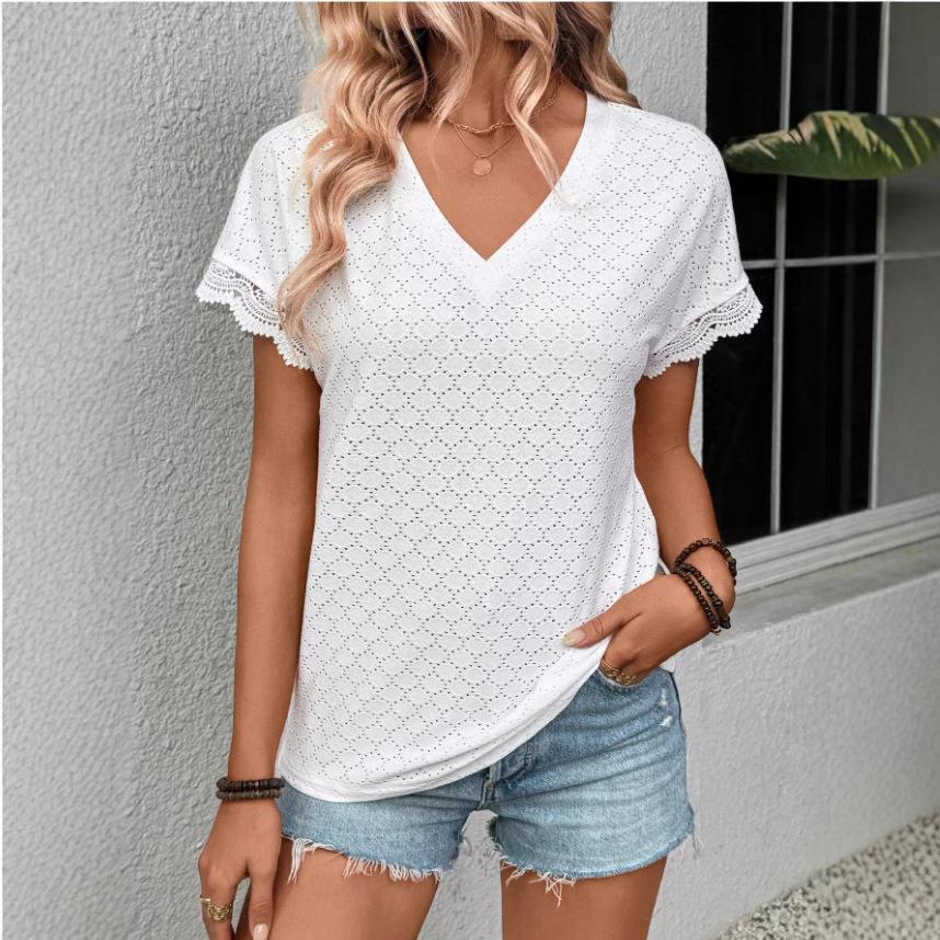 Ladies Summer V Neck Lace Short Sleeve Solid Color Pullover T Shirt Top