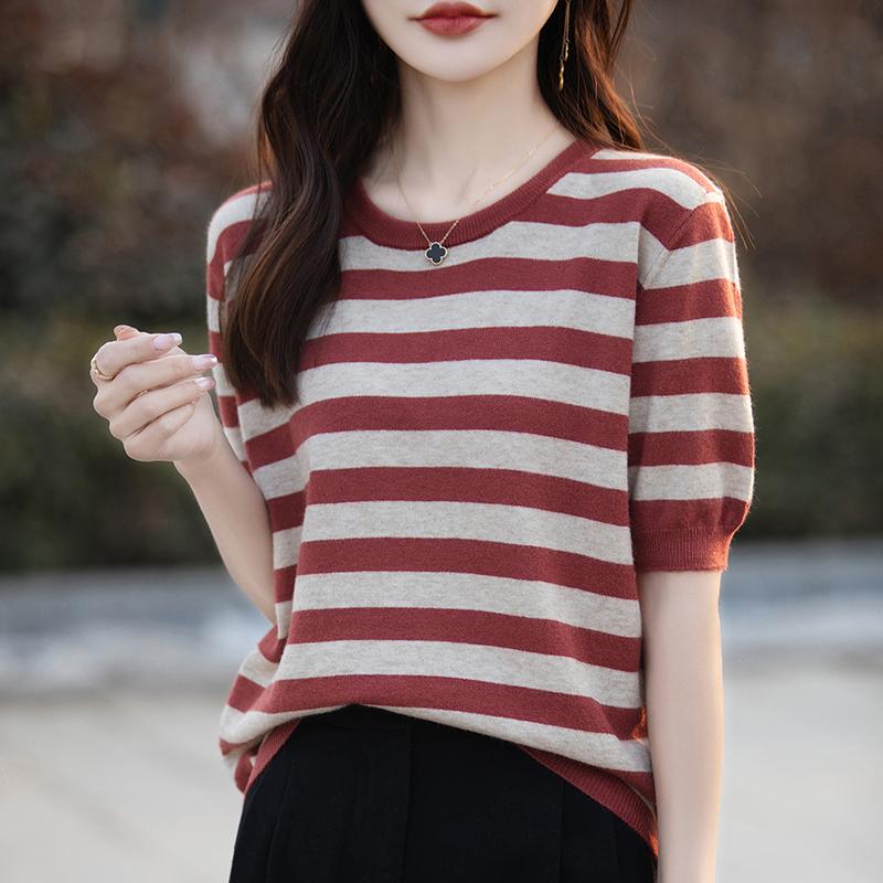 Women Knit T-shirt MODERN NEW SAGA Summer Knitted Shirt Striped Short Sleeve Tees O-neck Pullover Knit Tops