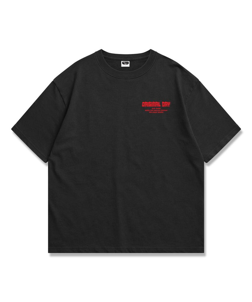 ORIGINALDAY Оригинальный Цветной Шрифт Оверсайз Футболка с Коротким Рукавом Унисекс Черный (красный)