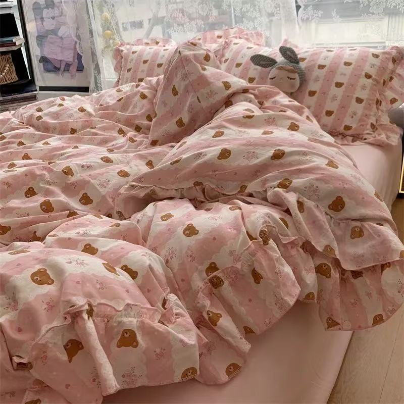 Korean Style Princess Floral Bedding Set Washed Cotton Vintage French Pastoral Flowers Lace Ruffles Duvet Cover Set Pillowcase