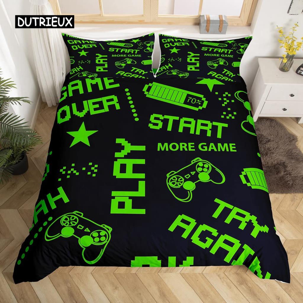 Пододеяльник с геймпадом, комплект постельного белья Queen Video Game Twin, микрофибра, зеленый, с рисунком мультяшного геймера, с электронной тематикой, пододеяльник