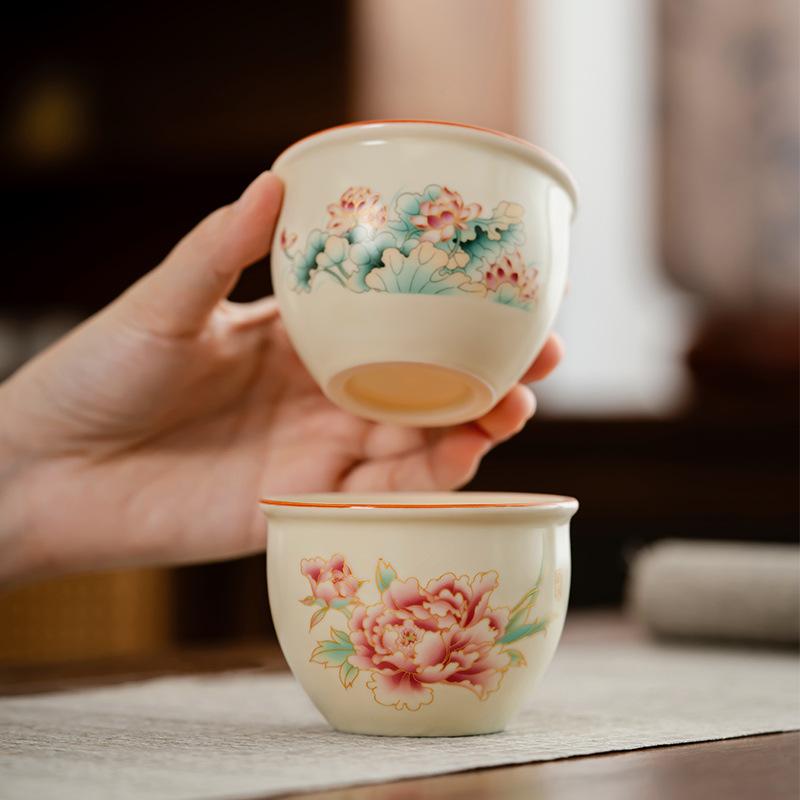 High-end Ru kiln single drinking teacup retro embroidery portable gift bag can be opened peony tank cup commemorative small gift