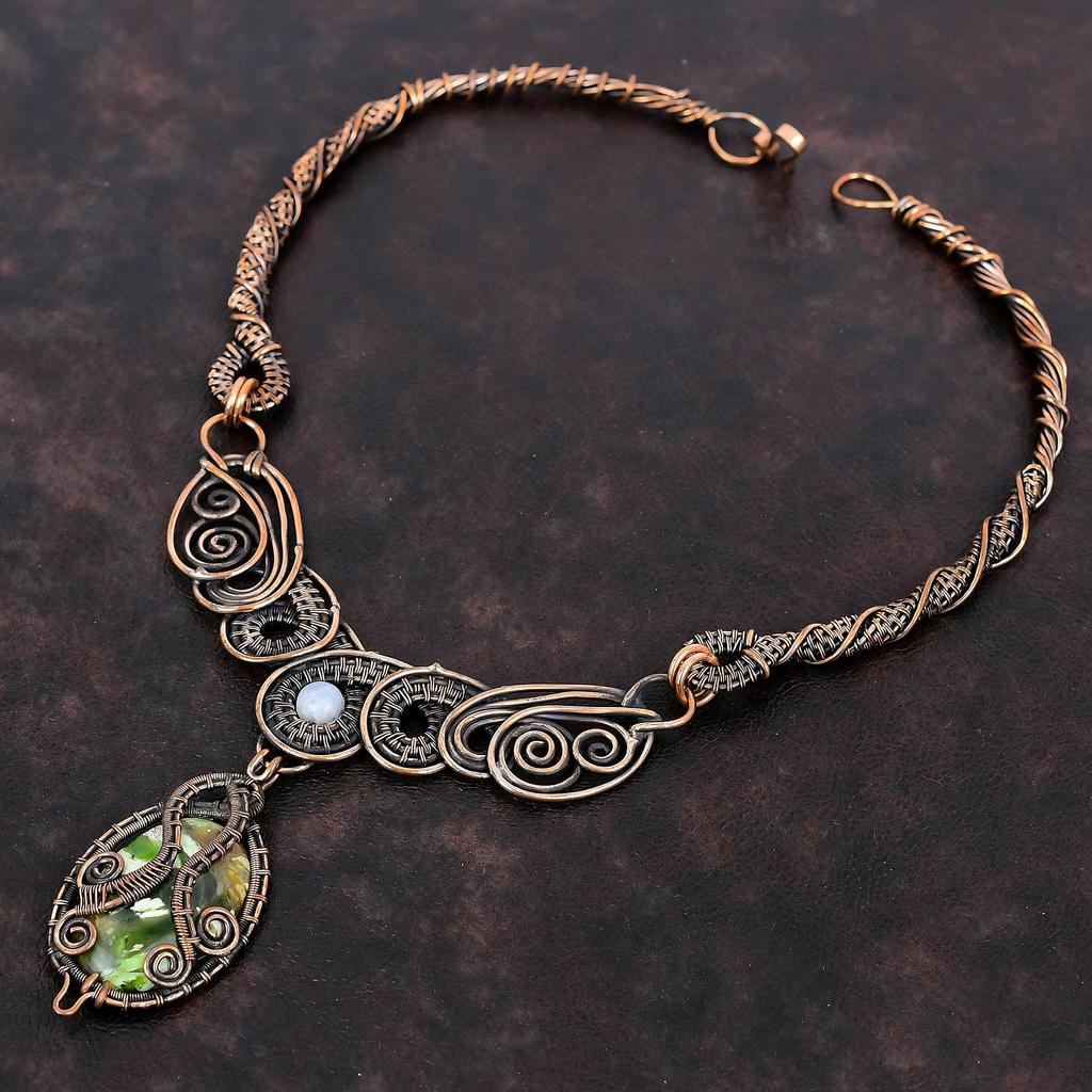 Australian Chrome Chalcedony Necklace Copper Wire Wrapped Necklace Rainbow Moonstone Gemstone Necklace Handmade Copper Jewelry Gift For Wife