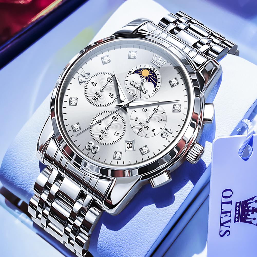 OLEVS Golden Steel Chronograph Moon Phase Mens Watches Top Brand Luxury Quartz Wrist Watches For Men Relogio Masculino