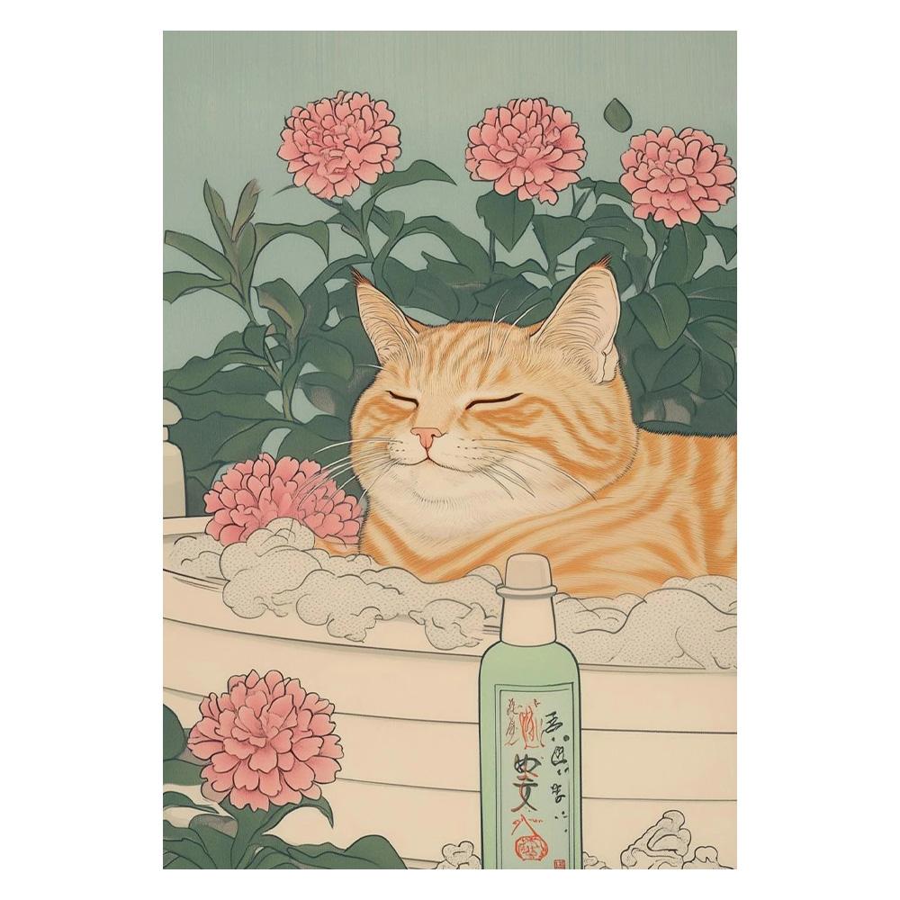 Японский полосатый кот в ванной Постеры Принты Холст Картина Ретро Эстетика Настенное искусство Картина Джапанди Ванная Туалет Домашний декор