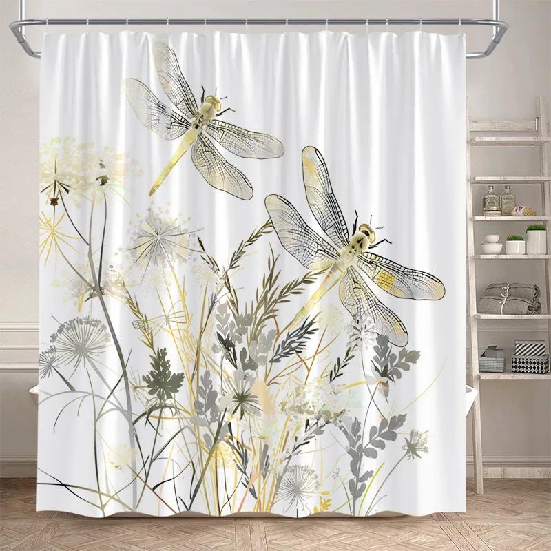 Floral Dragonfly Shower Curtains Watercolour Dandelion Rustic Flower Plants Polyester Fabric Bathroom Curtain Decor With Hooks