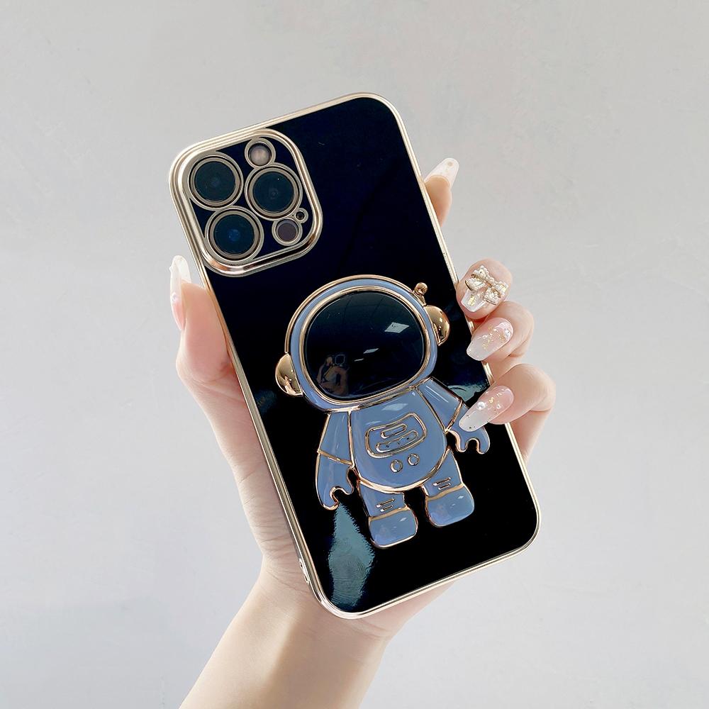 Мягкий чехол из ТПУ для телефона с держателем астронавта с золотым покрытием и краем для Samsung S23 S24 Ultra A15 A35 M54 Huawei P40 Honor 90 Lite, задняя крышка