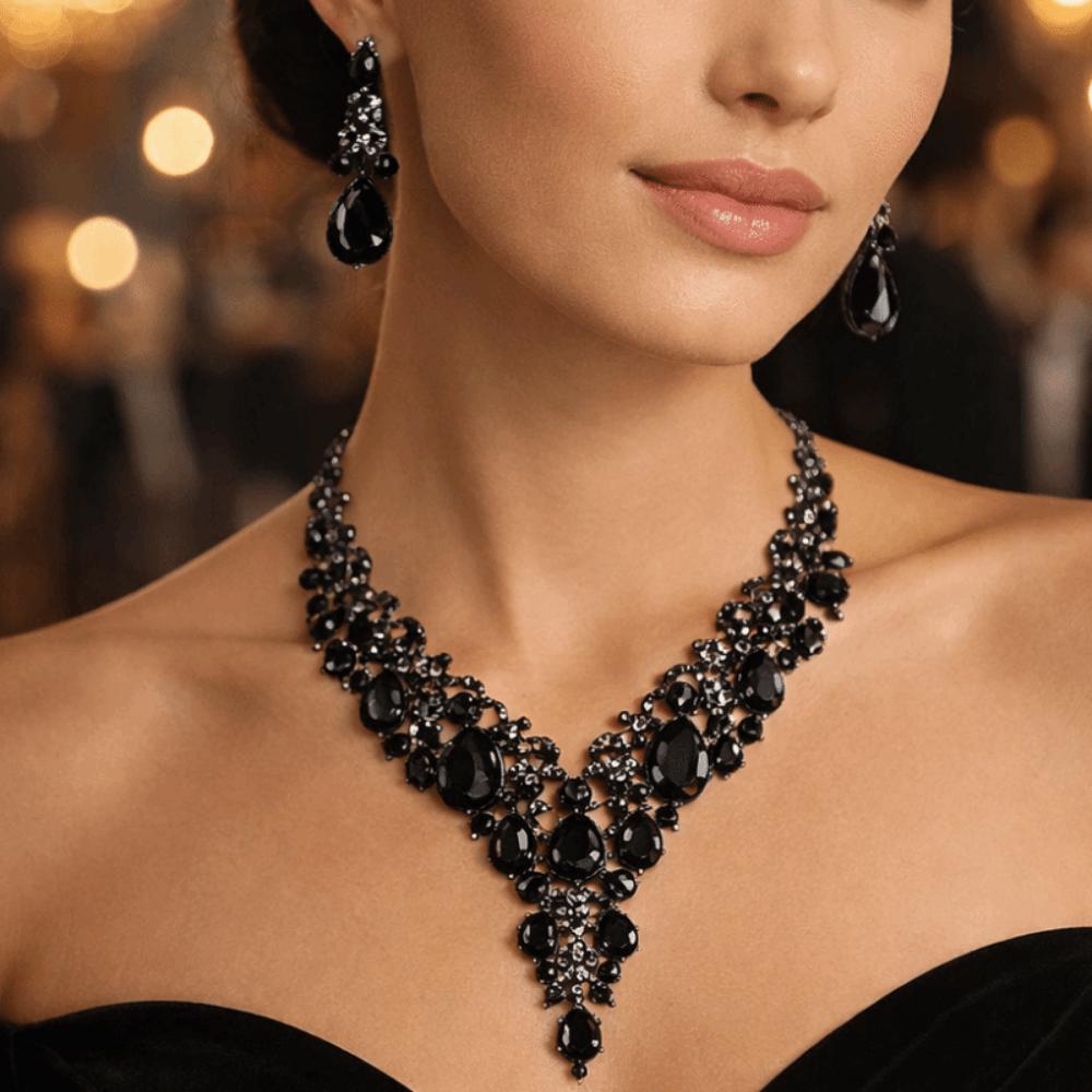 Rhinestone Crystal Necklace Earrings Shining Bridal Jewelry Set  Ball Banquet