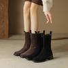 Krazing Pot Cow Suede Autumn Winter Shoes Round Toe Big Size Thick Med Heels Zipper Chelsea Boots Women All-match Mid-calf Boots