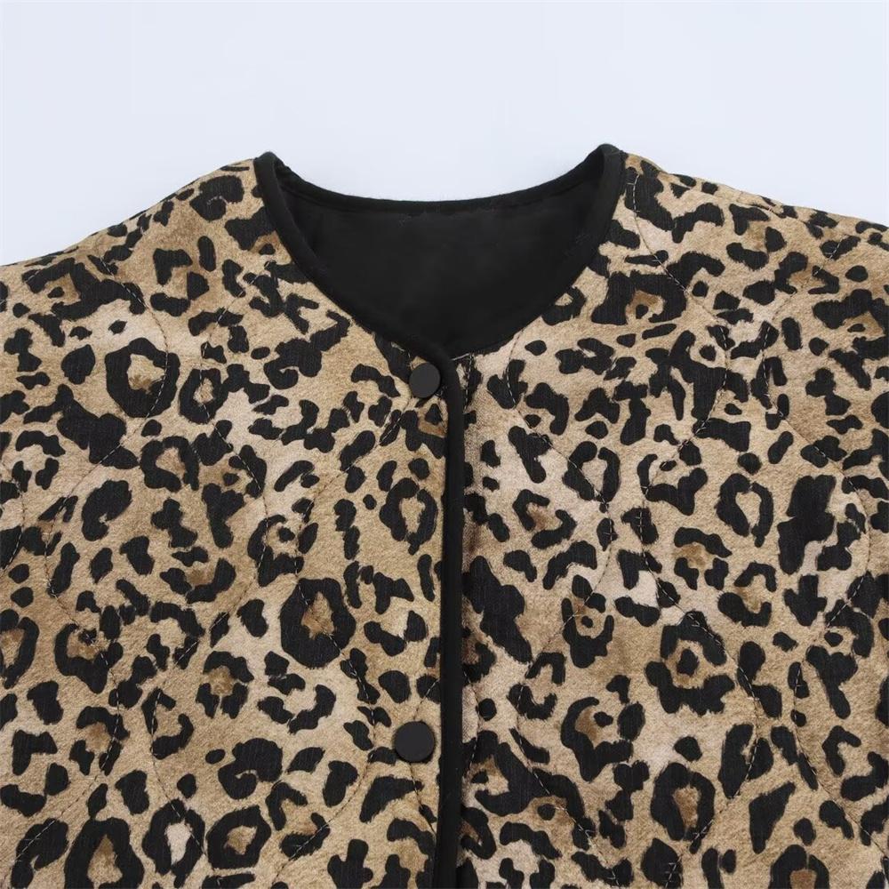 Autumn New Women's Fashion Animal Print Round Neck Long Sleeve Single-breasted Cotton Jacket Coat