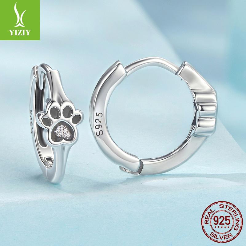 S925 Sterling Silver Cute Pet Paw Print Ear Buckle, Exquisite And Cute Girly Cat Paw Print Earrings And Earrings.