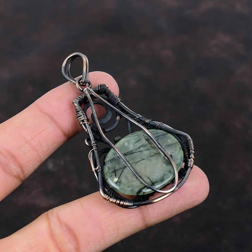 Кулон из мха-пренита, медная проволока, обернутая драгоценным камнем, кулон, приличные медные украшения, стильный кулон, ювелирные изделия из проволочной обмотки, кулон ручной работы для подарка