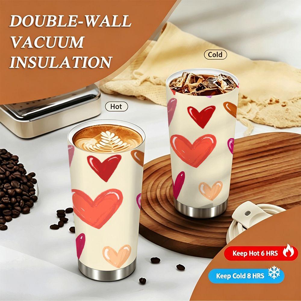 Cute Hand Painted Colorful Heart Pattern Insulated Coffee Tumbler, Vacuum Travel Mug with Lid, Reusable Cup for Office School Gift