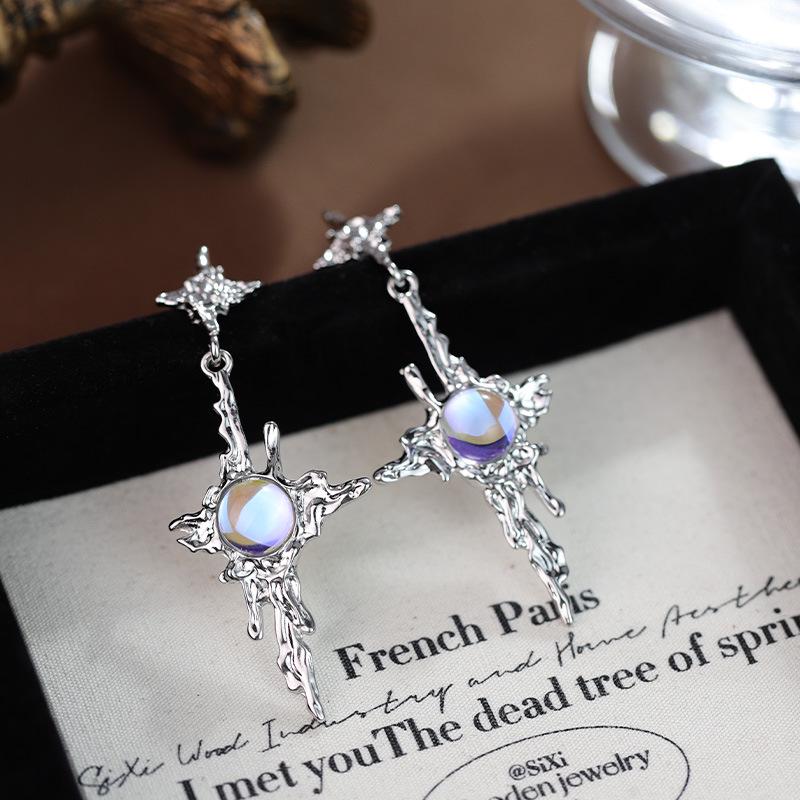 Женские модные асимметричные серьги-пусеты с лунным камнем и опалом - крутая модная бижутерия с серебряной иглой