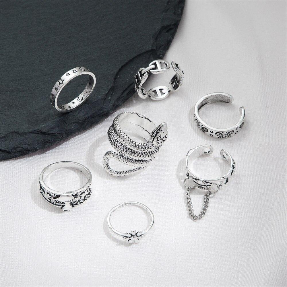 17KM Винтажный серебряный цвет, змея, бабочка, цветок, гриб, звезда, луна, набор колец для женщин и мужчин, готические кольца, модные ювелирные изделия, подарки