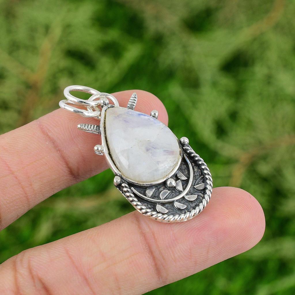 Daughters Day Sale 925 Sterling Silver Pear Natural Rainbow Moonstone Pendant