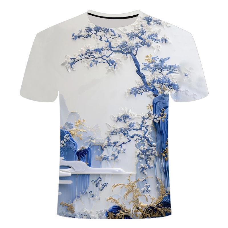 Летняя новая китайская фэн-шуй чернила рисунок узор 3D цифровая печать футболка в западном стиле модная мужская рубашка с круглым вырезом и короткими рукавами
