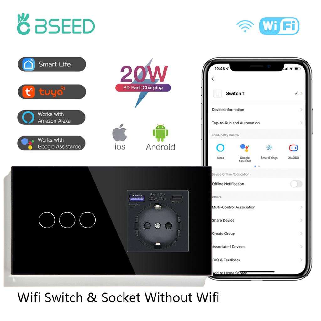 BSEED Wi-Fi настенные сенсорные выключатели 1/2/3 клавиши, умные выключатели 2/3-сторонние с USB-розеткой Type-C 20 Вт, поддержка Tuya Smart Life Google Alexa