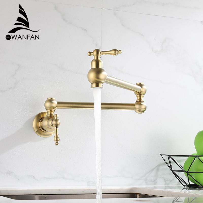 Black Wall Faucet Double Joint Spout Folding Stretchable Swing Arm Wall Kitchen Faucet Single Hole Two Handle Kitchen Sink