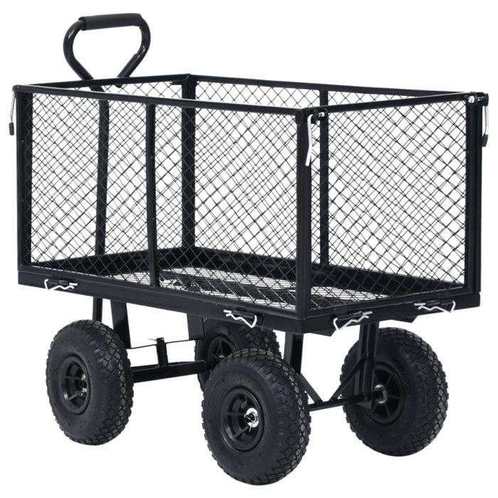 Chariot à main - Noir - Acier durable - 350 kg - Grandes roues pneumatiques - Jardinage