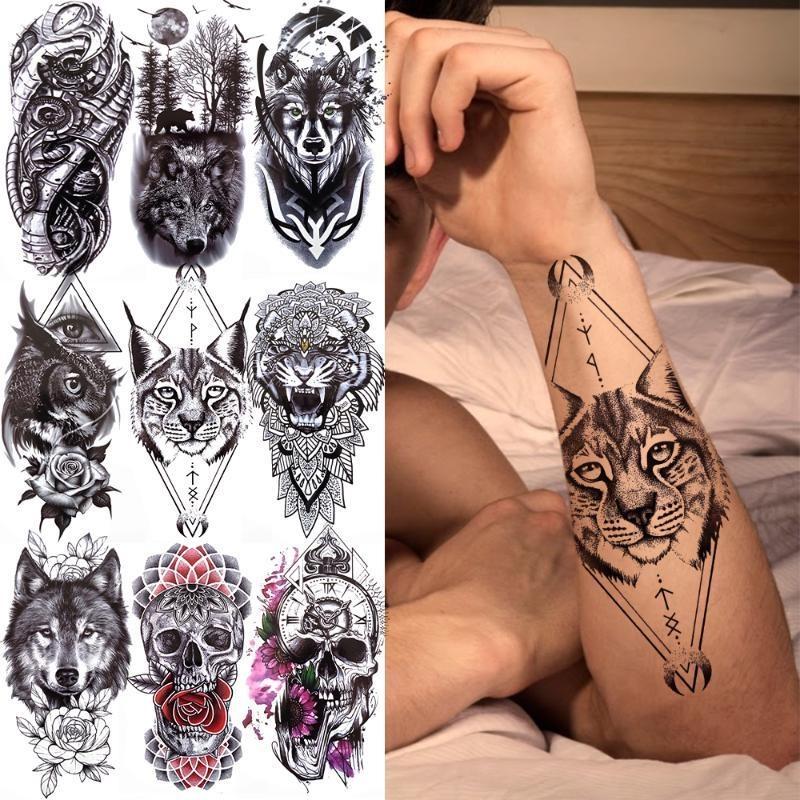 1 PC 210*114MM Cat Geometry Black Temporary Tattoos For Men Women Black Forest Skull Tiger Wolf Tattoo Sticker Evil Devil Arm Tattoo