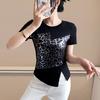 New Women Chic Leopard Print Patchwork Summer T-shirt Elegant O-neck Short Sleeve Irregular Tops Casual Ladies Slim Cotton Tees