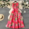 Summer Fashion Flower Vest Midi Dress Women's Sleeveless O-Neck Tank Floral Print Slim A Line Ball GownWomen Dresses