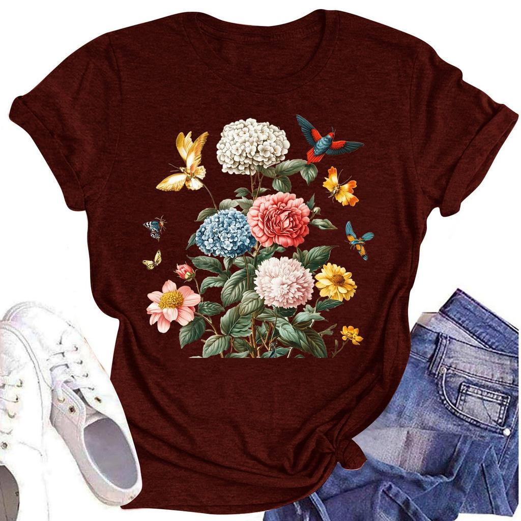 Женская повседневная футболка с круглым вырезом и цветочным принтом, короткий рукав