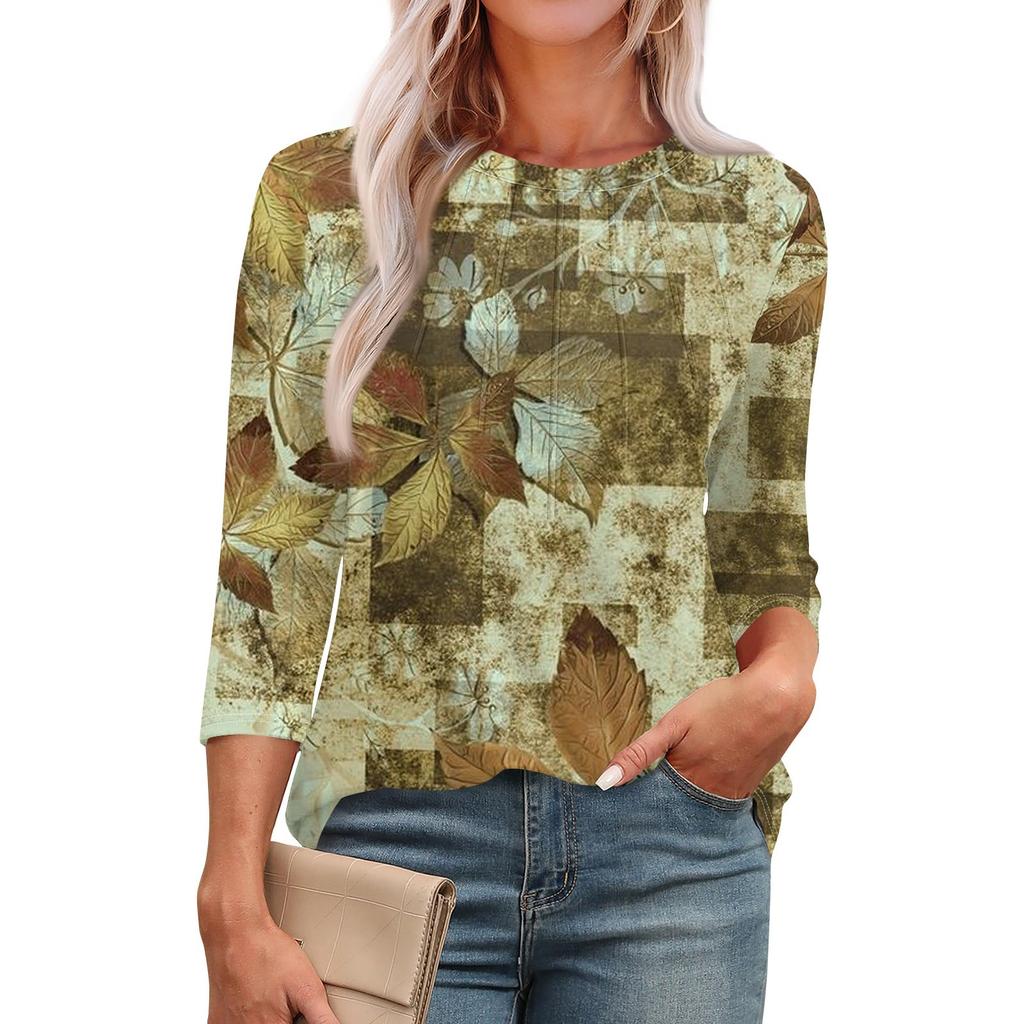 Женская модная повседневная футболка с круглым вырезом и рукавом семь четвертей в стиле ретро с принтом, плиссированная футболка