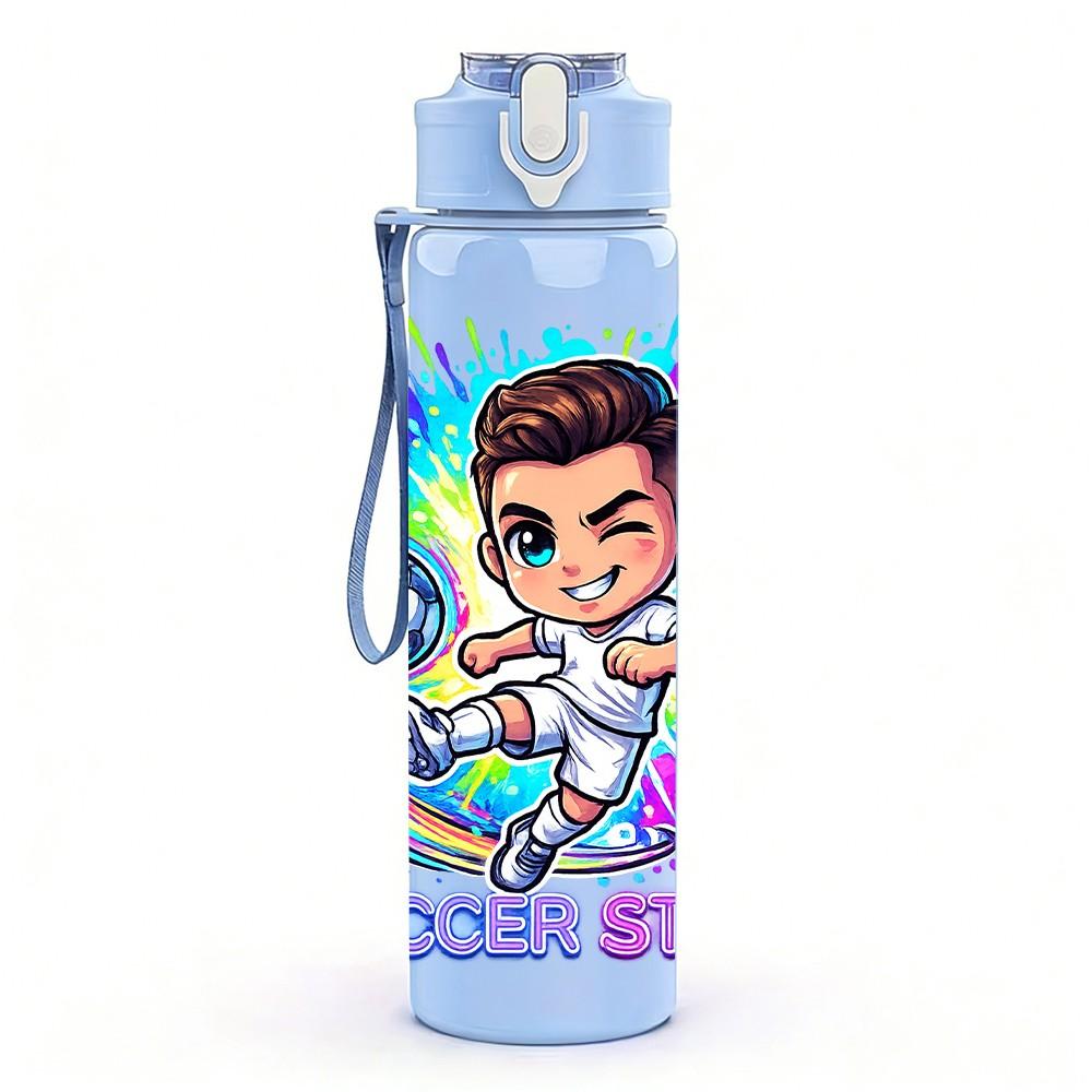 1PC Colorful Soccer Boy Character Art 750ml Color Plastic Sports Water Bottle Leakproof Flip Straw Lid Suitable for Sports Office Home Use