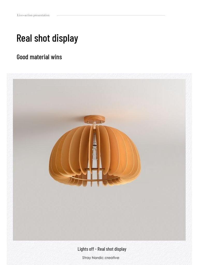 Stairwell Retro Japanese Solid Wood Pumpkin Pendant Light for Bedroom or Study