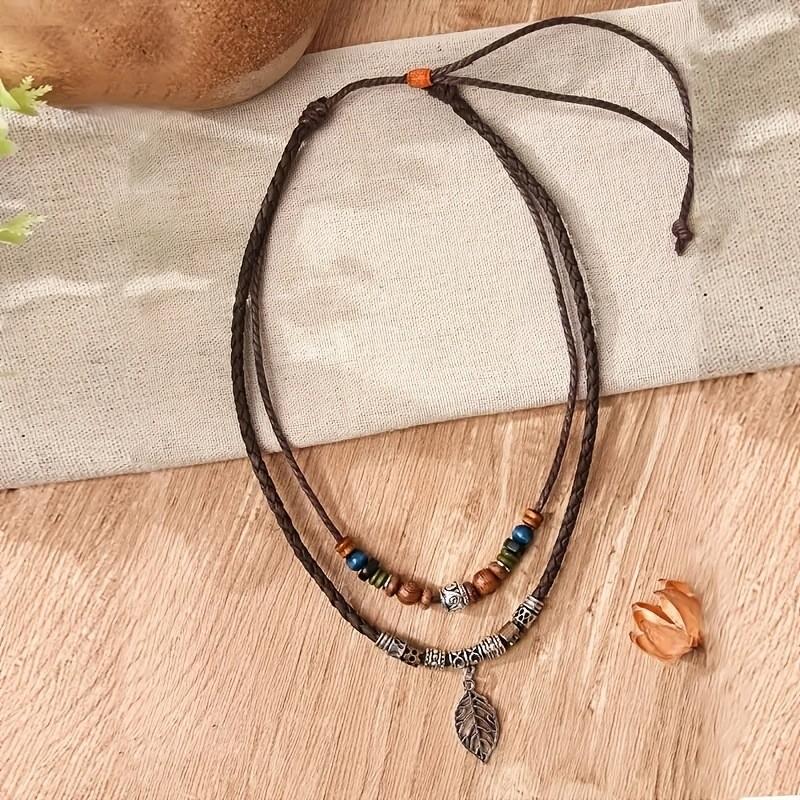 PU Leather Natural Boho Leaf Necklace Pendant, Wooden Beads, Ethnic, Long Chain
