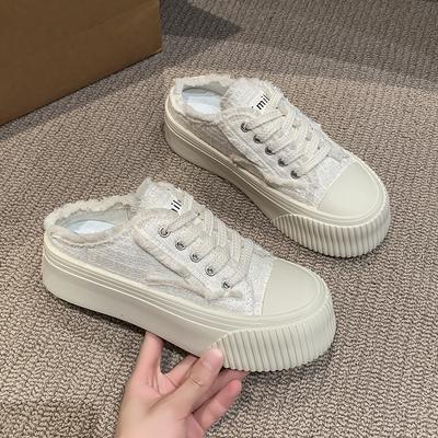 Новые модные женские толстые тапочки с летней женской одеждой Baotou, весенние и осенние белые парусиновые туфли без застежек Zapatos Mujer