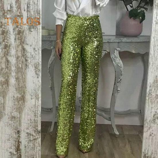 Women Sequins Long Pants High Waist Slim Fit Shining Trousers Solid Color Elastic Flared Pants Streetwear