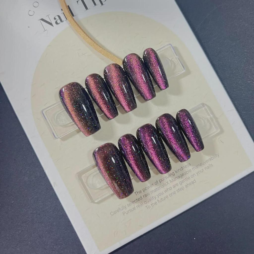 Ногти «Кошачий глаз» ручной работы «Аврора Звездное небо»: Европейский и американский стиль, длинный, элегантный, с отбеливающим светотерапевтическим эффектом.